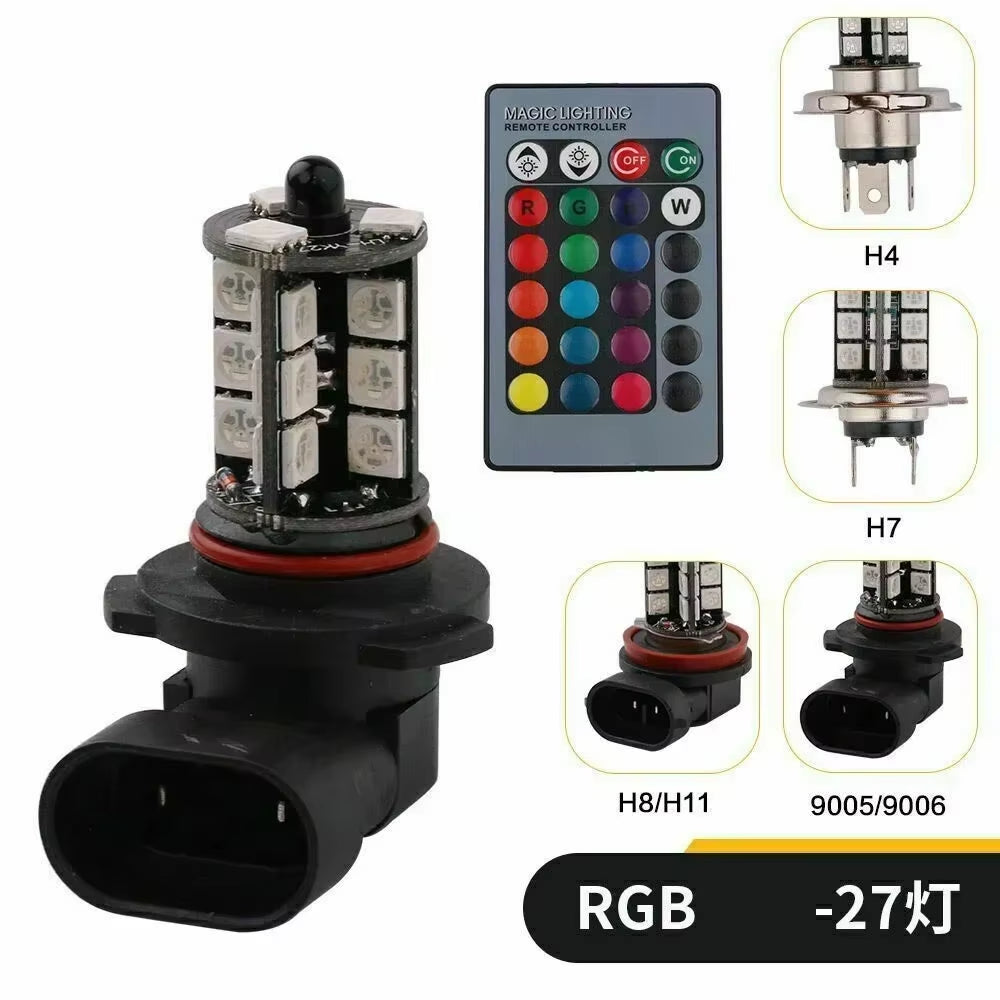 2X RGB H8/H11 H7 H4 Car LED Fog Lights Bulb 5050 27SMD Chips Color Changing Remote Contro Aotu Headlight Lamp with 12V 24V