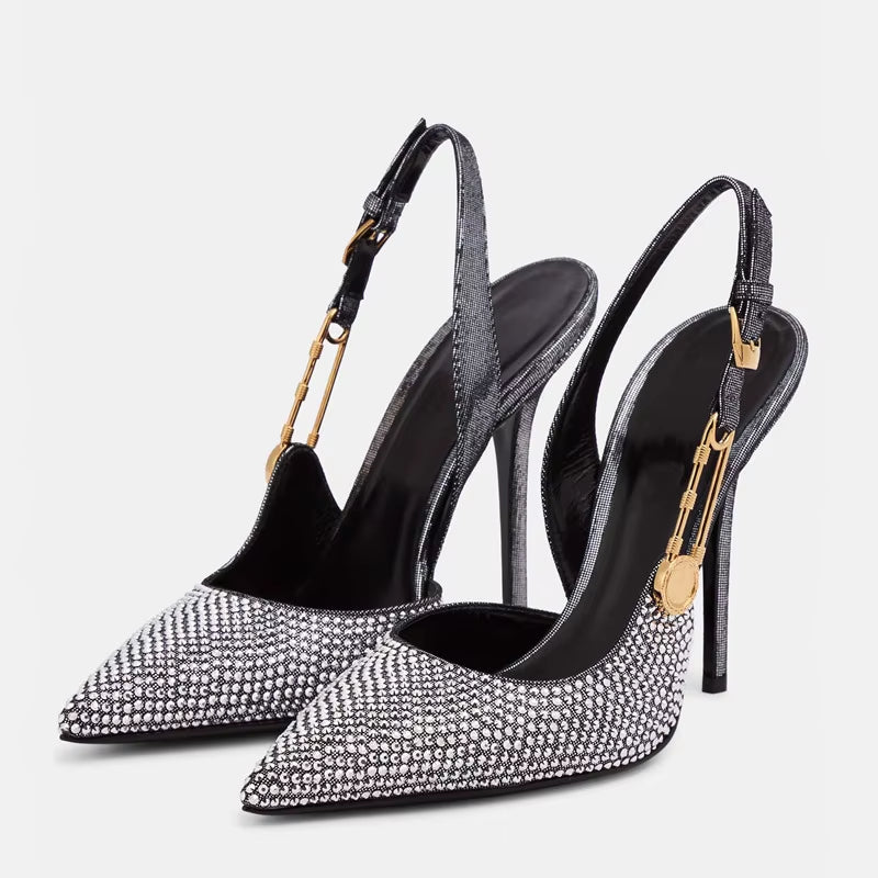 Luxury Rhinestones Sequined Buckle Women Pumps Elegant Pointed Toe Slingbacks Stiletto High Heels Spring Summer Fashion Shoes