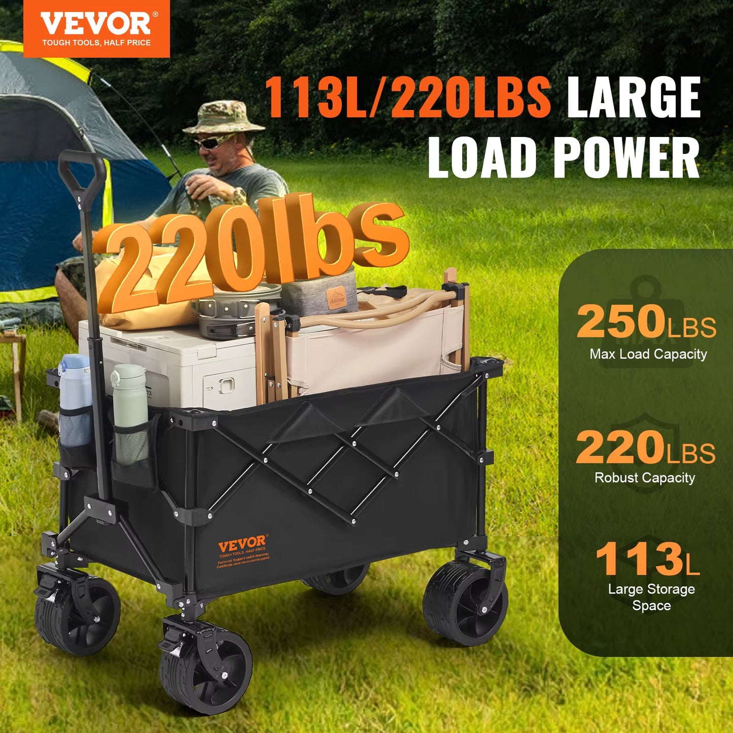 Collapsible Folding Wagon Beach Wagon Cart with All-Terrain Wheels Drink Holders Sports Wagon for Camping Shopping