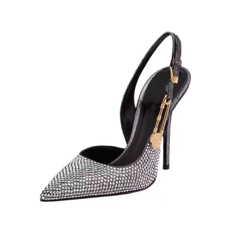 Luxury Rhinestones Sequined Buckle Women Pumps Elegant Pointed Toe Slingbacks Stiletto High Heels Spring Summer Fashion Shoes