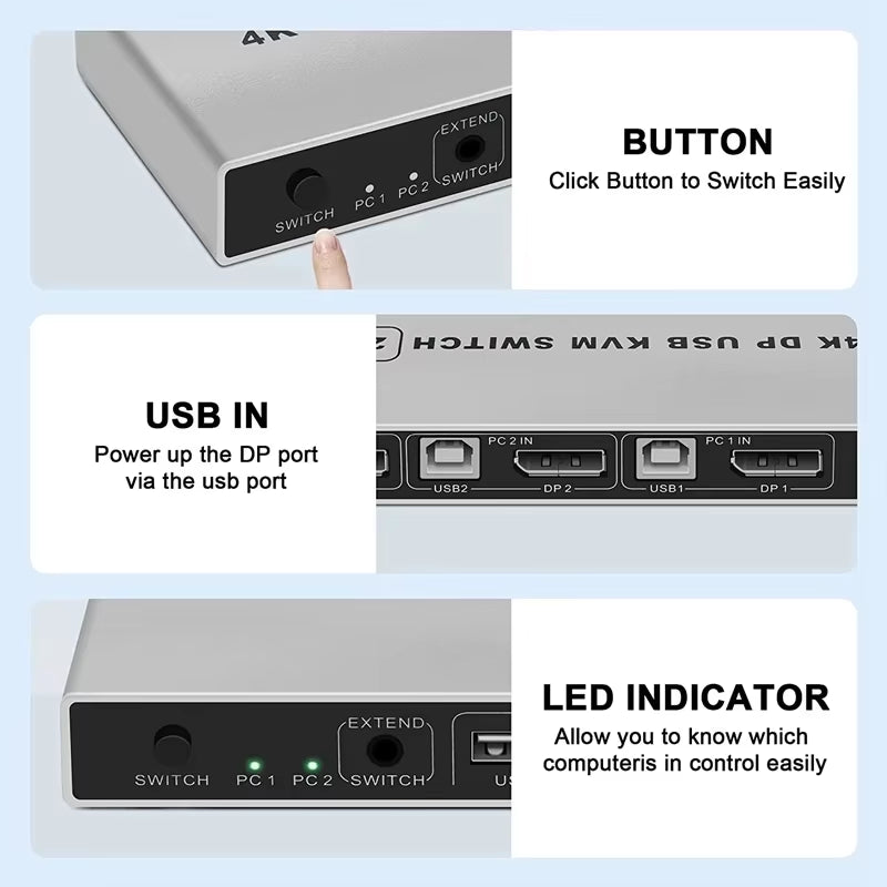 8K Dual-Port DP USB KVM 2X1 Displayport KVM Switch 2 in 1 Out 4K 60Hz 2-Port DP 1.4 USB KVM Switch Support Mouse Keyboad Printer