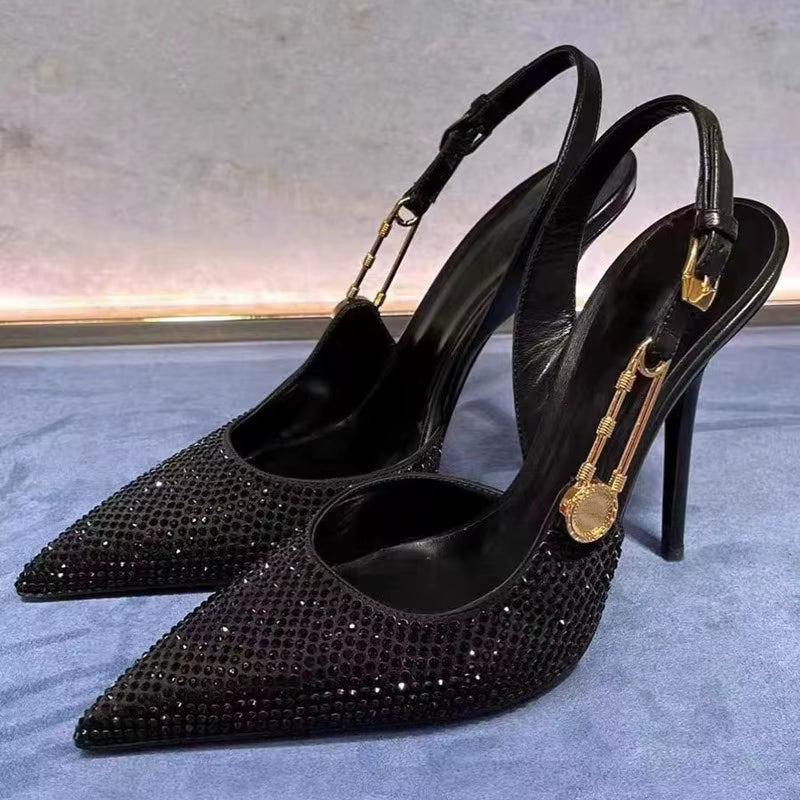 Luxury Rhinestones Sequined Buckle Women Pumps Elegant Pointed Toe Slingbacks Stiletto High Heels Spring Summer Fashion Shoes