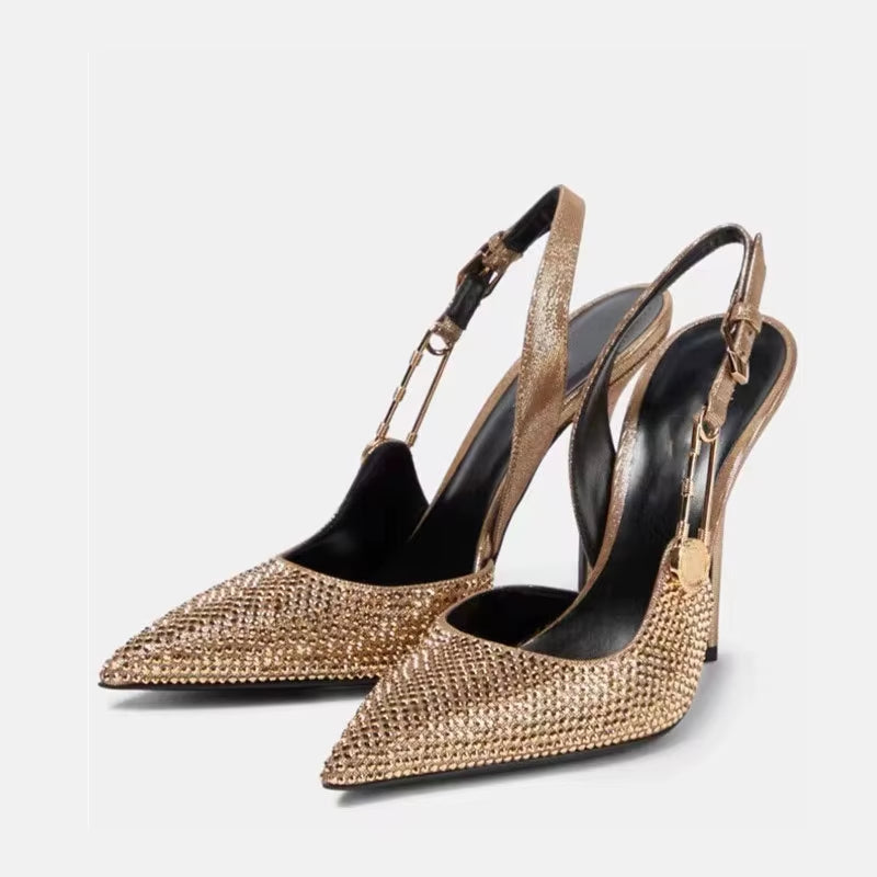 Luxury Rhinestones Sequined Buckle Women Pumps Elegant Pointed Toe Slingbacks Stiletto High Heels Spring Summer Fashion Shoes