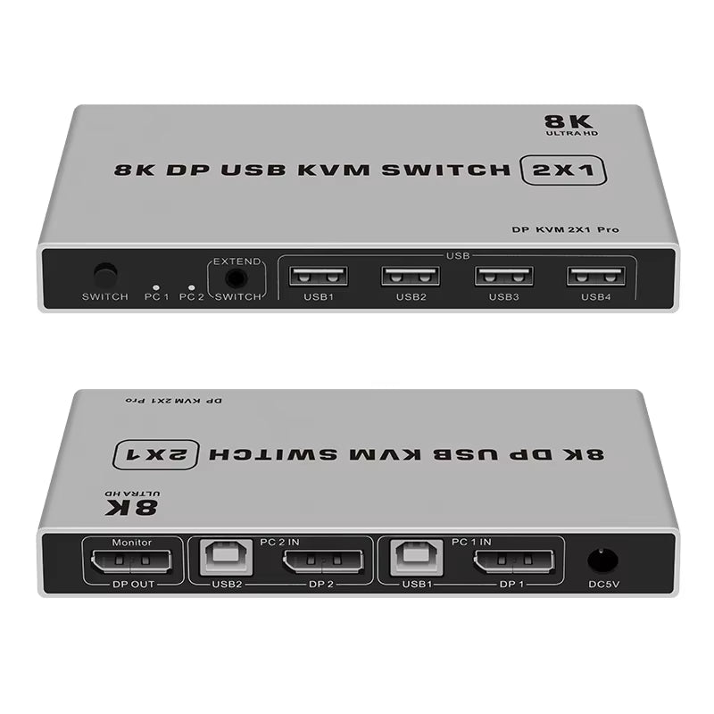 8K Dual-Port DP USB KVM 2X1 Displayport KVM Switch 2 in 1 Out 4K 60Hz 2-Port DP 1.4 USB KVM Switch Support Mouse Keyboad Printer