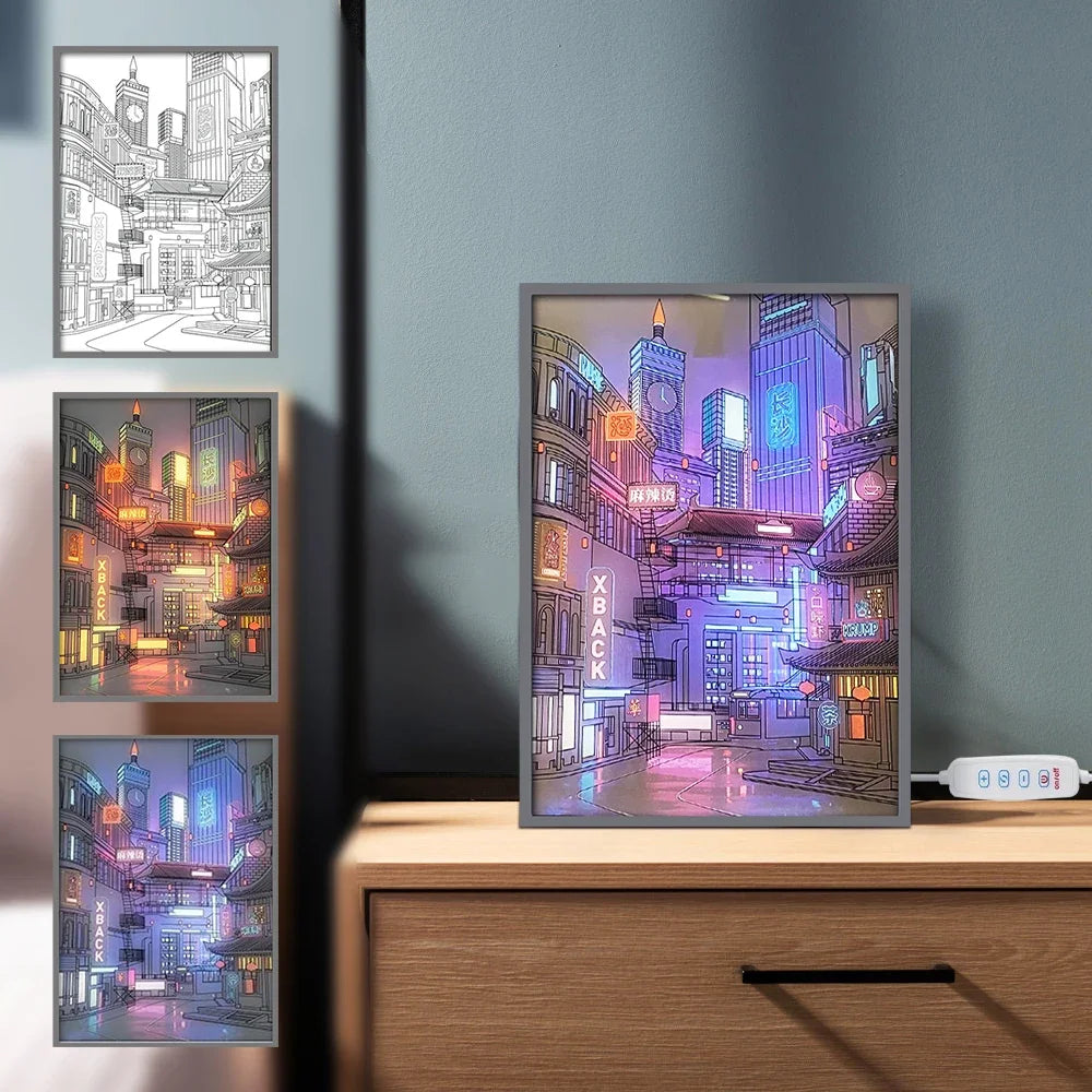 LED Beautiful City Night View Light Painting,Hd Picture Narrow Bezel Usb Plug Dimming Romantic Home Decorations Night Lamp