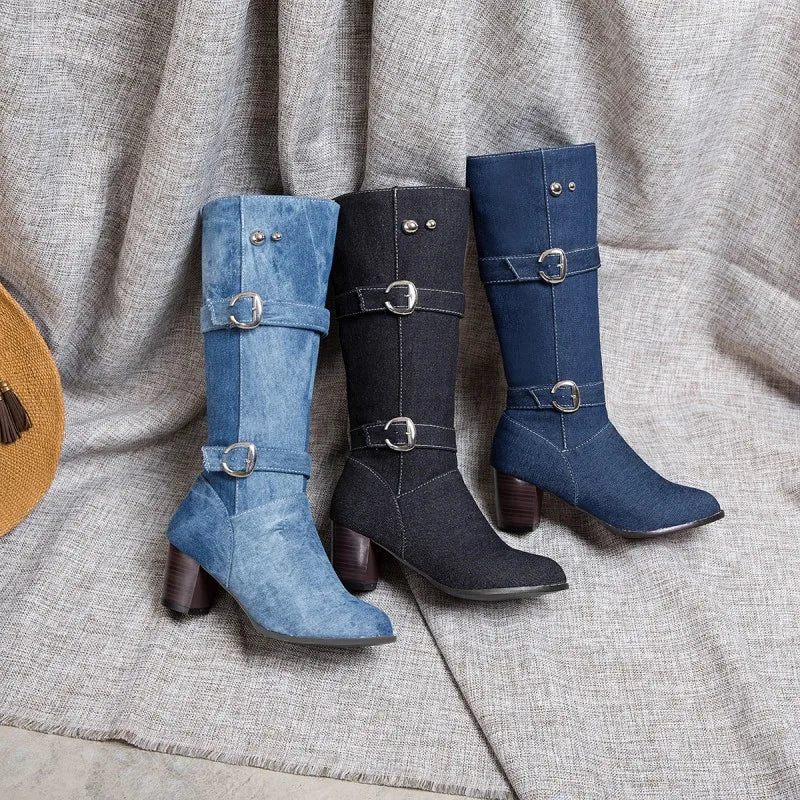 Sexy Jean Boots Women'S Long Tube Short Boot Winter High Heel Denim Boot 2019 Lady Stylish Jeans Boots Buckle Strap Shoes Cowboy