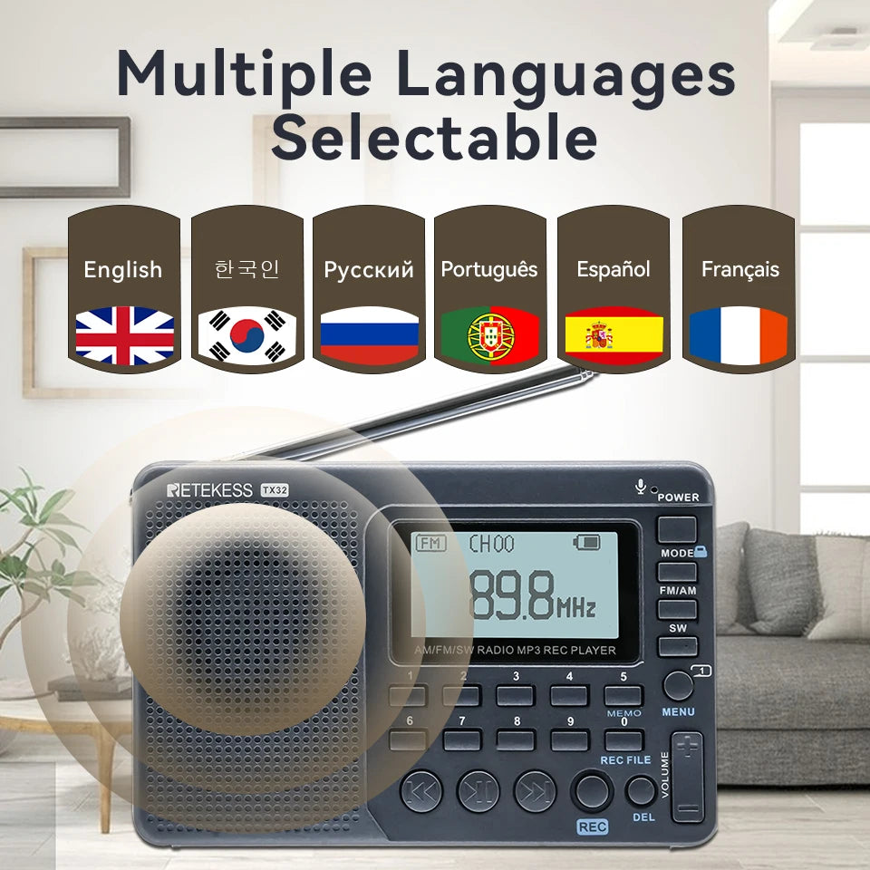 V115 Radio FM AM SW Portable Radios Rechargeable Radio Batteries Multiple Bands USB Recorder Speaker for Elders TX32