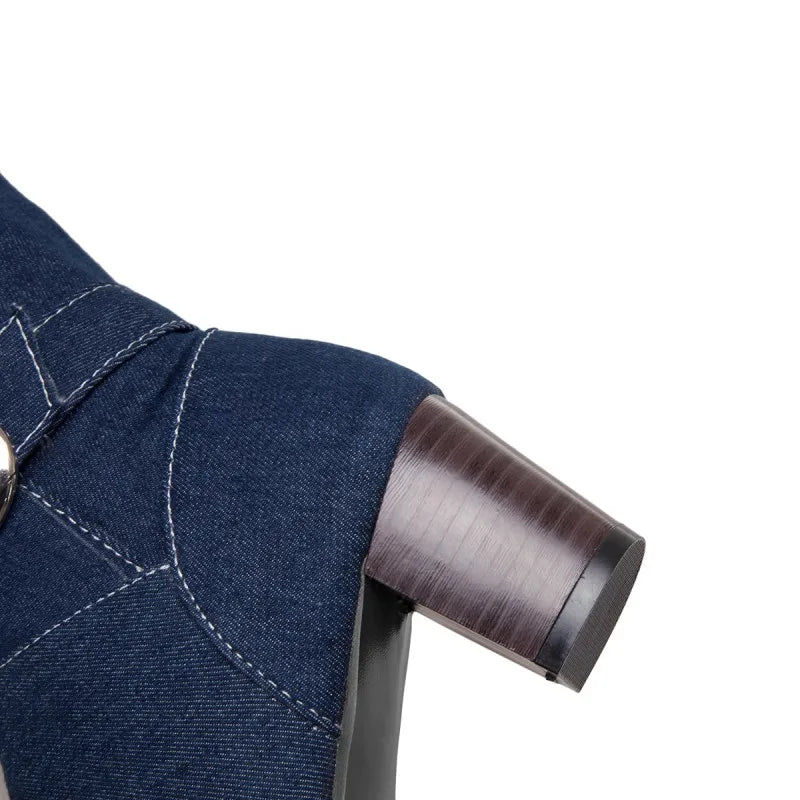 Sexy Jean Boots Women'S Long Tube Short Boot Winter High Heel Denim Boot 2019 Lady Stylish Jeans Boots Buckle Strap Shoes Cowboy