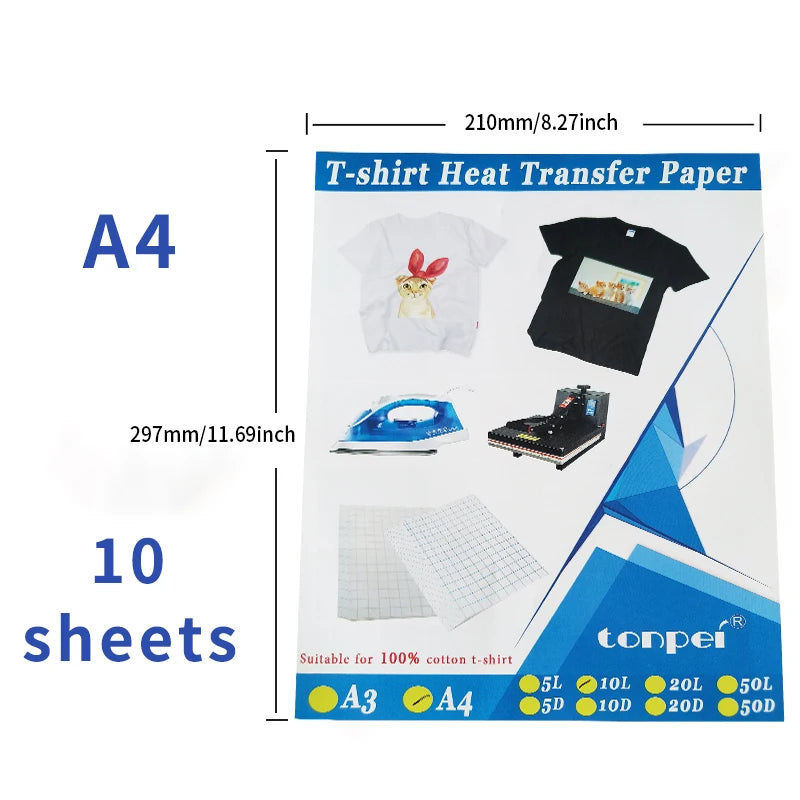 10 Sheets Inkjet Heat Transfer Paper A4 Cotton T-Shirt Dark Black Transfer Paper Light White Paper for 100% Cotton Fabric