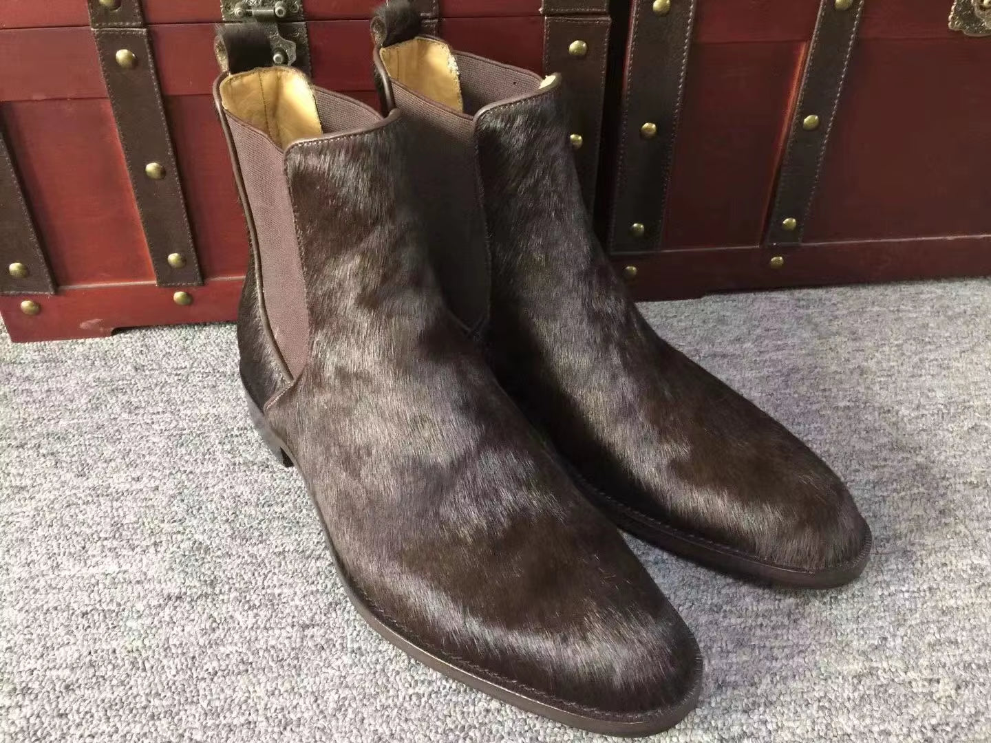 Cie Spring/Autumn Horse Hair Chelsea Ankle Boots Leather Sole Men Fiddle-Back/Beveled Waist High Quality Leather Footwear