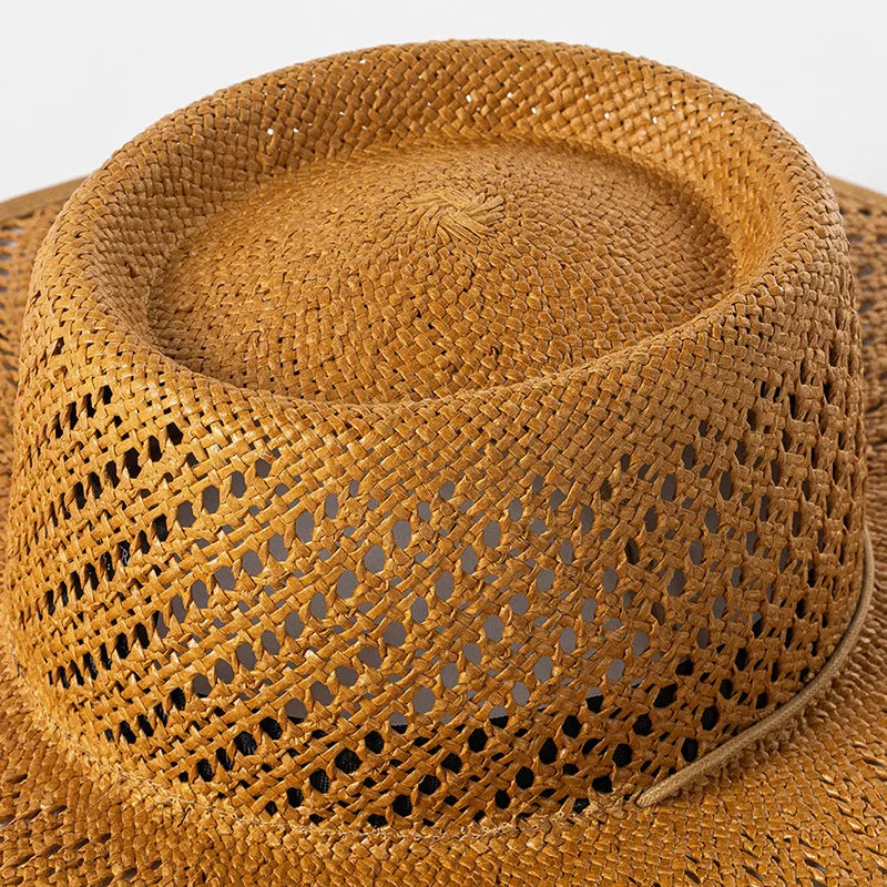 New Designer Style Hollow Big Brim Beach Straw Hats for Women with Straps Fashion Design Summer Sun Hats Lady Panama Fedora Hat