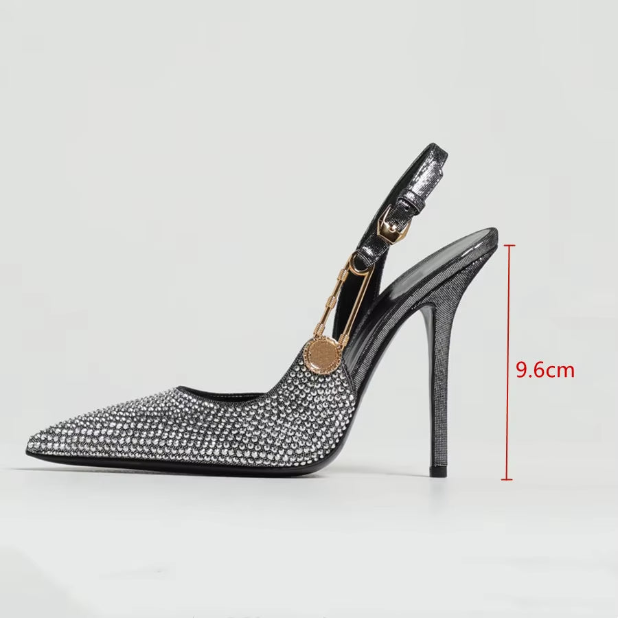 Luxury Rhinestones Sequined Buckle Women Pumps Elegant Pointed Toe Slingbacks Stiletto High Heels Spring Summer Fashion Shoes