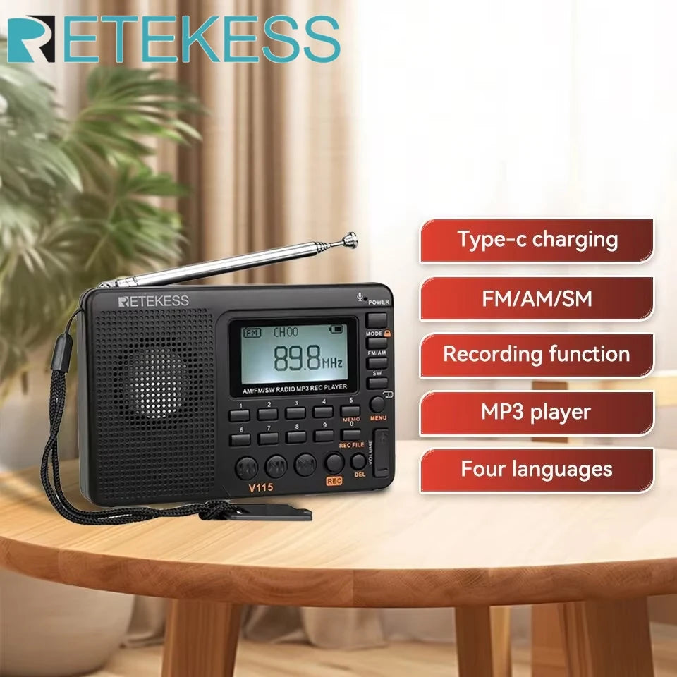 V115 Radio FM AM SW Portable Radios Rechargeable Radio Batteries Multiple Bands USB Recorder Speaker for Elders TX32