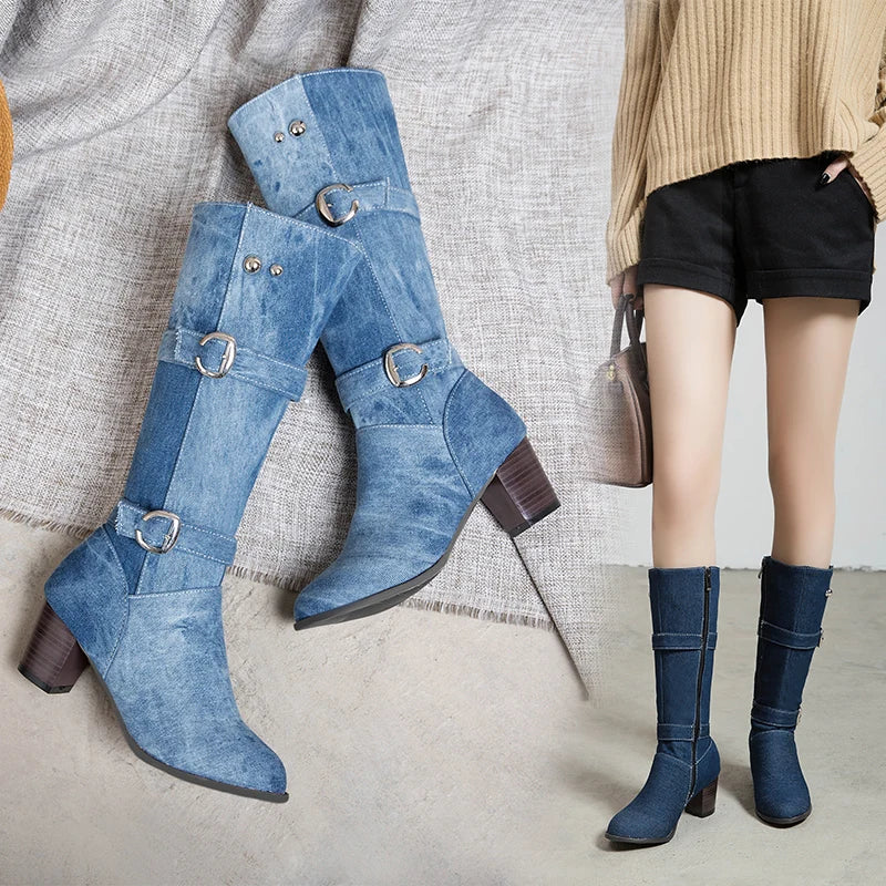 Sexy Jean Boots Women'S Long Tube Short Boot Winter High Heel Denim Boot 2019 Lady Stylish Jeans Boots Buckle Strap Shoes Cowboy