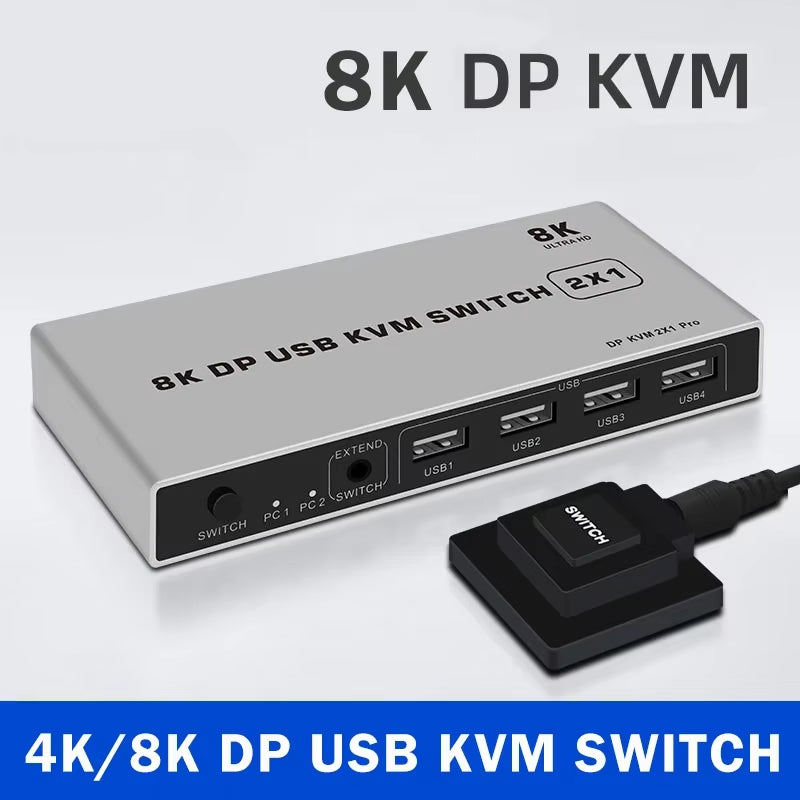 8K Dual-Port DP USB KVM 2X1 Displayport KVM Switch 2 in 1 Out 4K 60Hz 2-Port DP 1.4 USB KVM Switch Support Mouse Keyboad Printer