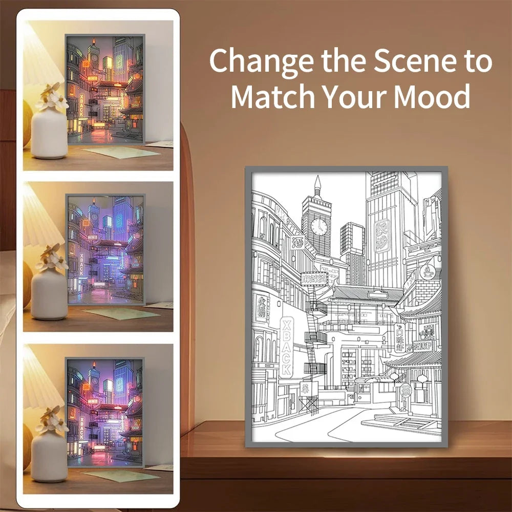 LED Beautiful City Night View Light Painting,Hd Picture Narrow Bezel Usb Plug Dimming Romantic Home Decorations Night Lamp