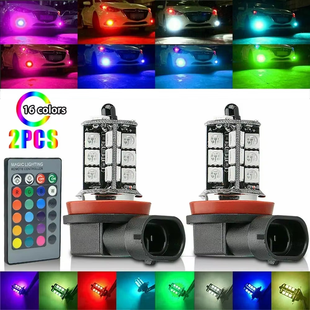 2X RGB H8/H11 H7 H4 Car LED Fog Lights Bulb 5050 27SMD Chips Color Changing Remote Contro Aotu Headlight Lamp with 12V 24V