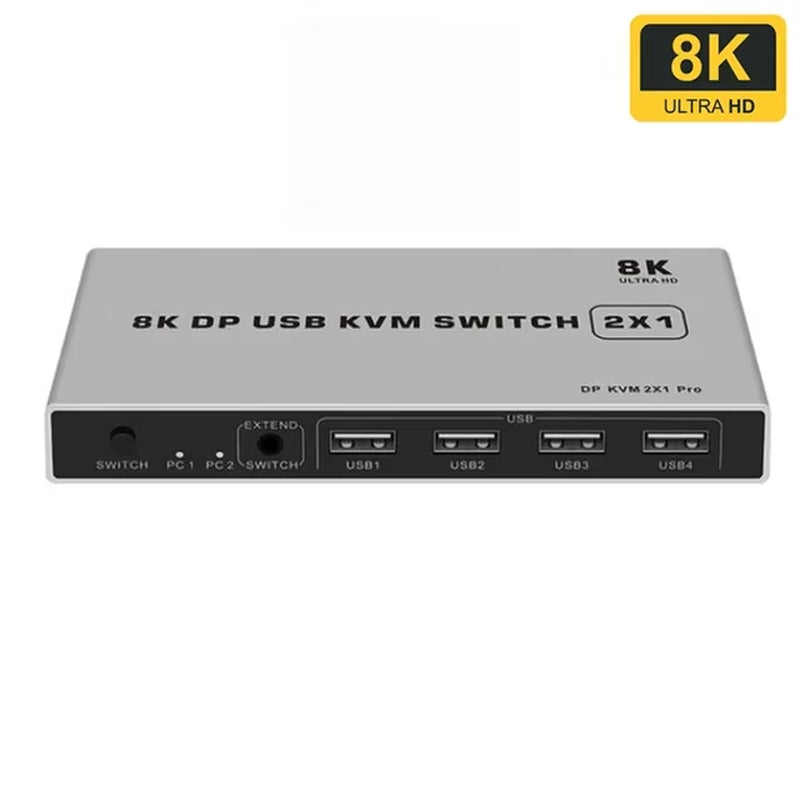 8K Dual-Port DP USB KVM 2X1 Displayport KVM Switch 2 in 1 Out 4K 60Hz 2-Port DP 1.4 USB KVM Switch Support Mouse Keyboad Printer