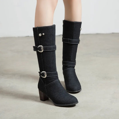 Sexy Jean Boots Women'S Long Tube Short Boot Winter High Heel Denim Boot 2019 Lady Stylish Jeans Boots Buckle Strap Shoes Cowboy