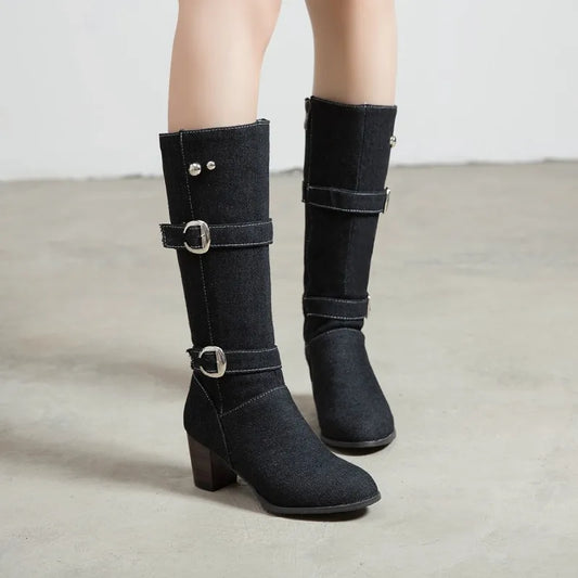 Sexy Jean Boots Women'S Long Tube Short Boot Winter High Heel Denim Boot 2019 Lady Stylish Jeans Boots Buckle Strap Shoes Cowboy