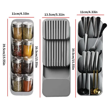 Kitchen Drawer Cutlery Storage Tray Knife Holder Spoon Forks Tableware Organizer Container for Spice Bottles Knives Block Rack