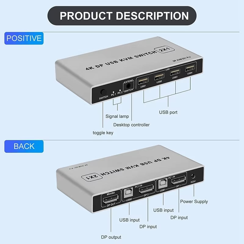 8K Dual-Port DP USB KVM 2X1 Displayport KVM Switch 2 in 1 Out 4K 60Hz 2-Port DP 1.4 USB KVM Switch Support Mouse Keyboad Printer