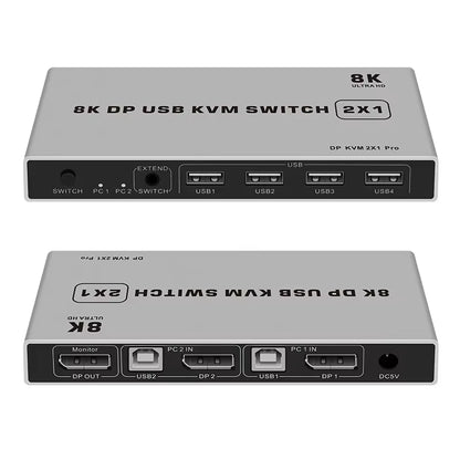 8K Dual-Port DP USB KVM 2X1 Displayport KVM Switch 2 in 1 Out 4K 60Hz 2-Port DP 1.4 USB KVM Switch Support Mouse Keyboad Printer