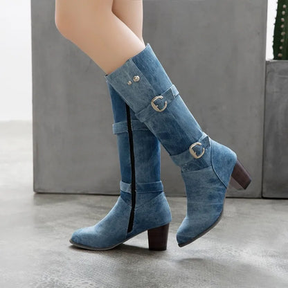 Sexy Jean Boots Women'S Long Tube Short Boot Winter High Heel Denim Boot 2019 Lady Stylish Jeans Boots Buckle Strap Shoes Cowboy