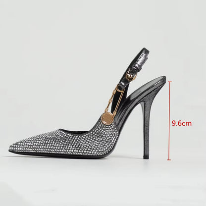 Luxury Rhinestones Sequined Buckle Women Pumps Elegant Pointed Toe Slingbacks Stiletto High Heels Spring Summer Fashion Shoes
