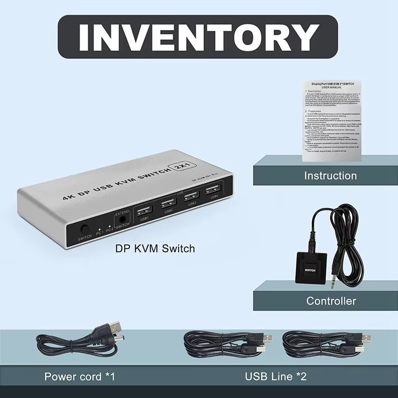 8K Dual-Port DP USB KVM 2X1 Displayport KVM Switch 2 in 1 Out 4K 60Hz 2-Port DP 1.4 USB KVM Switch Support Mouse Keyboad Printer