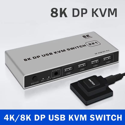 8K Dual-Port DP USB KVM 2X1 Displayport KVM Switch 2 in 1 Out 4K 60Hz 2-Port DP 1.4 USB KVM Switch Support Mouse Keyboad Printer