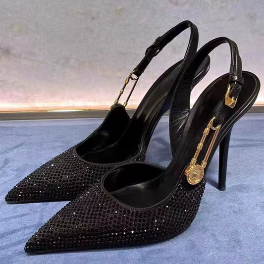 Luxury Rhinestones Sequined Buckle Women Pumps Elegant Pointed Toe Slingbacks Stiletto High Heels Spring Summer Fashion Shoes
