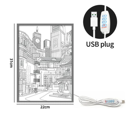 LED Beautiful City Night View Light Painting,Hd Picture Narrow Bezel Usb Plug Dimming Romantic Home Decorations Night Lamp